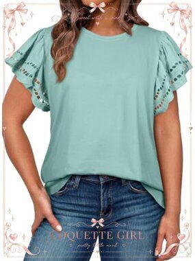 Womens Plus Size Hollow Out Ruffle Short Sleeve Tunic Blouse Casual Loose Top
